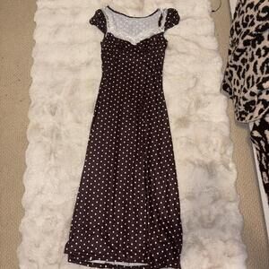 Dark Brown White Polka Dot Cap Sleeve Midi Dress
